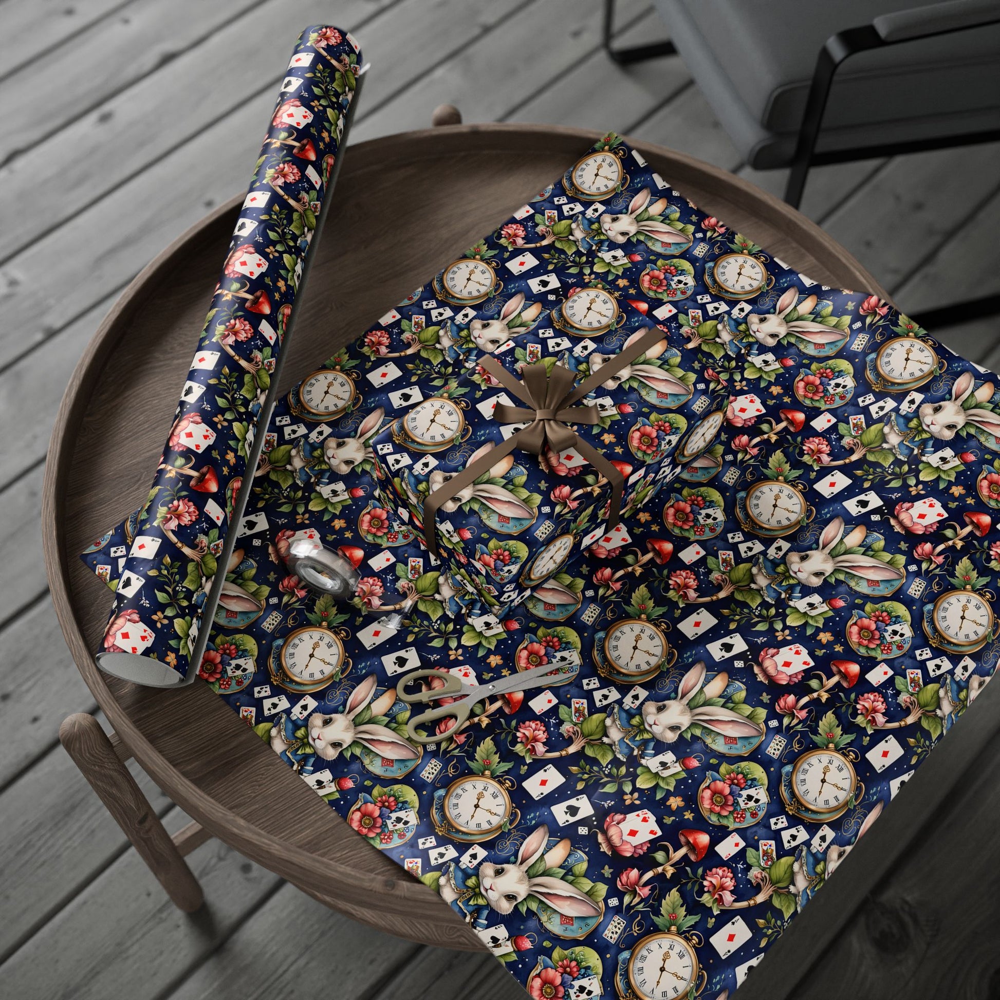 Enchanting Navy Gift Wrap inspired by Alice in Wonderland