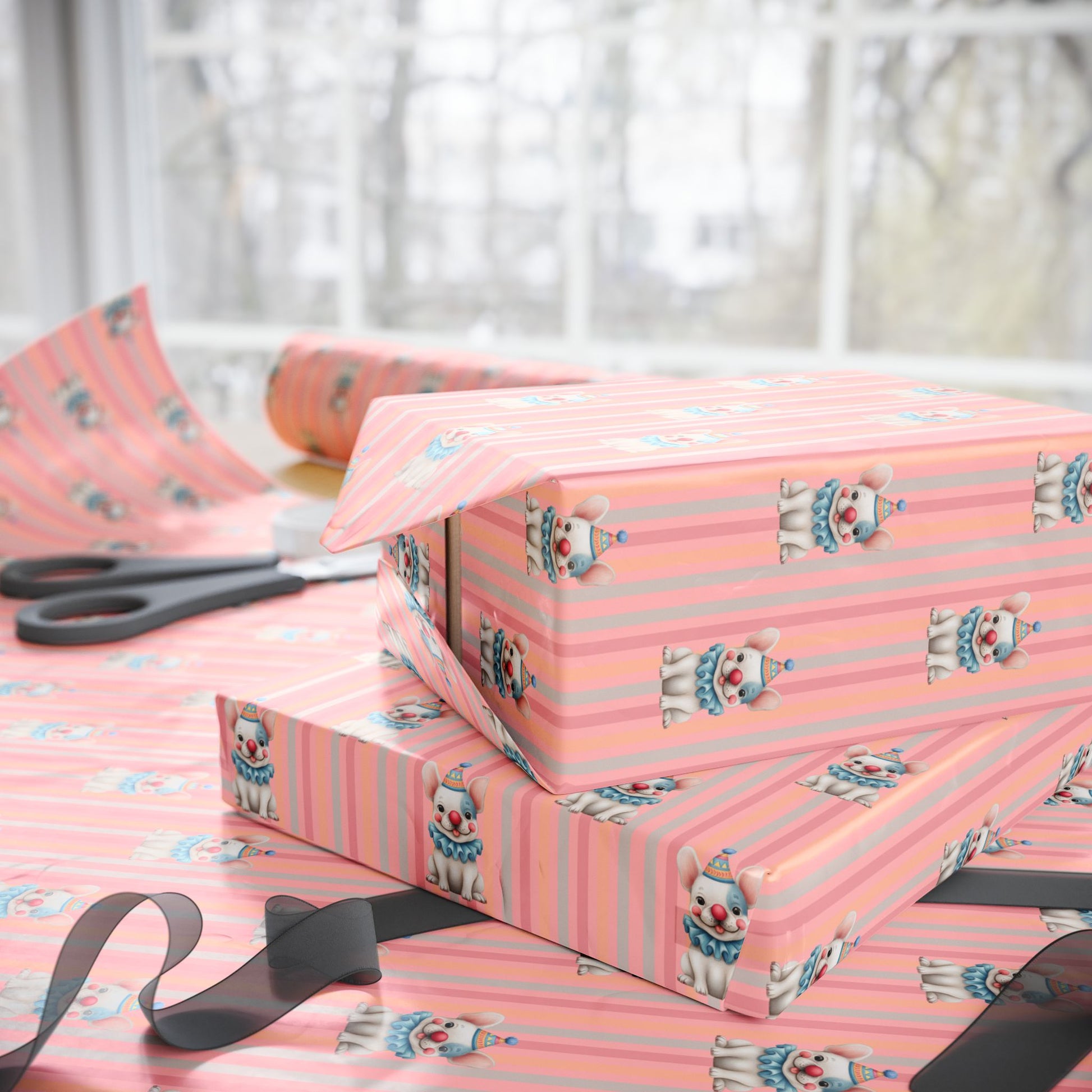 Party Bark & Boop – Clown Frenchie Celebration Wrapping Paper