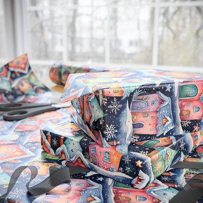 Holiday Wrapping Papers with Sparkling Star, Cute Snowflake, and Christmas Village Design