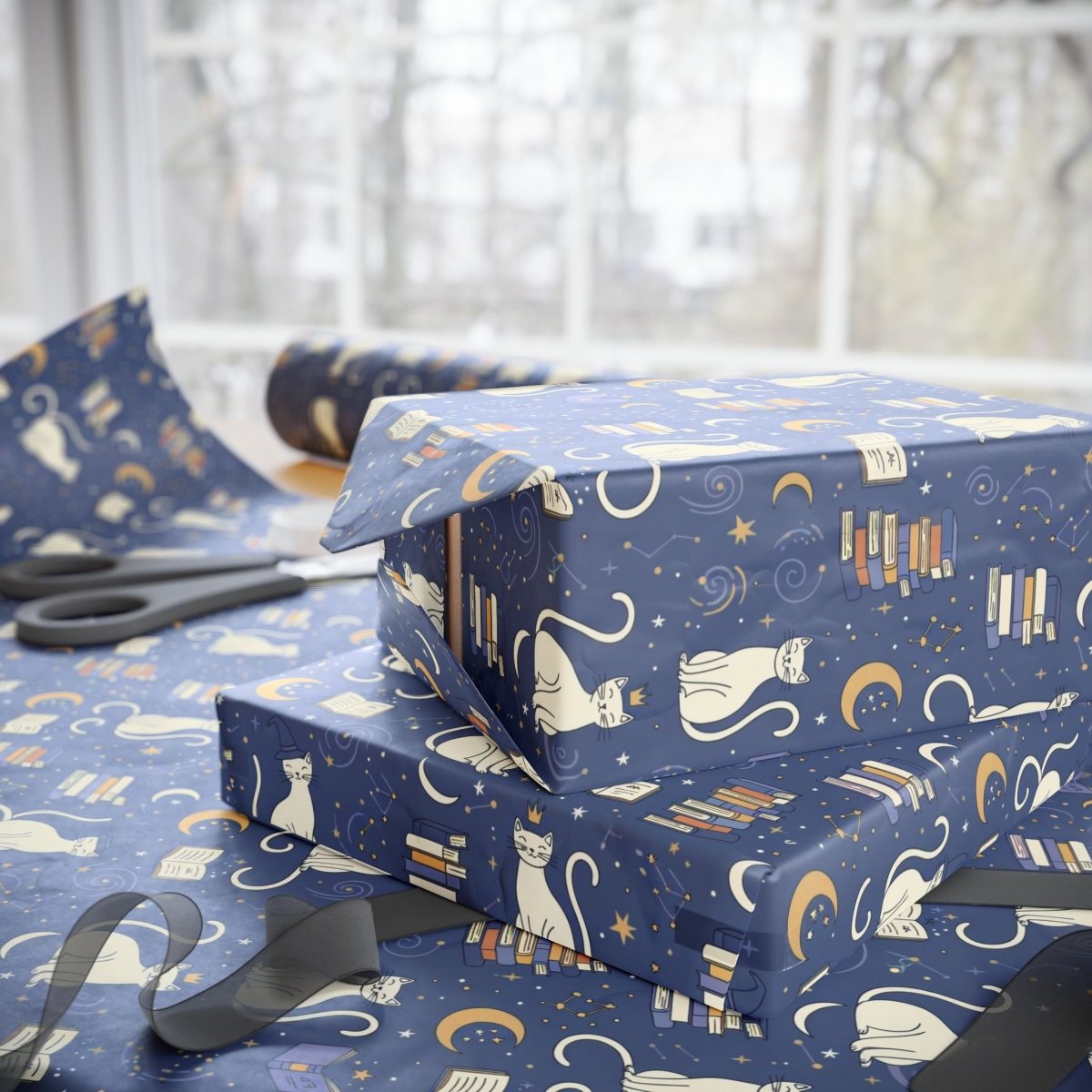 Purrfectly Bookish – Celestial Cat & Cozy Library Wrapping Paper