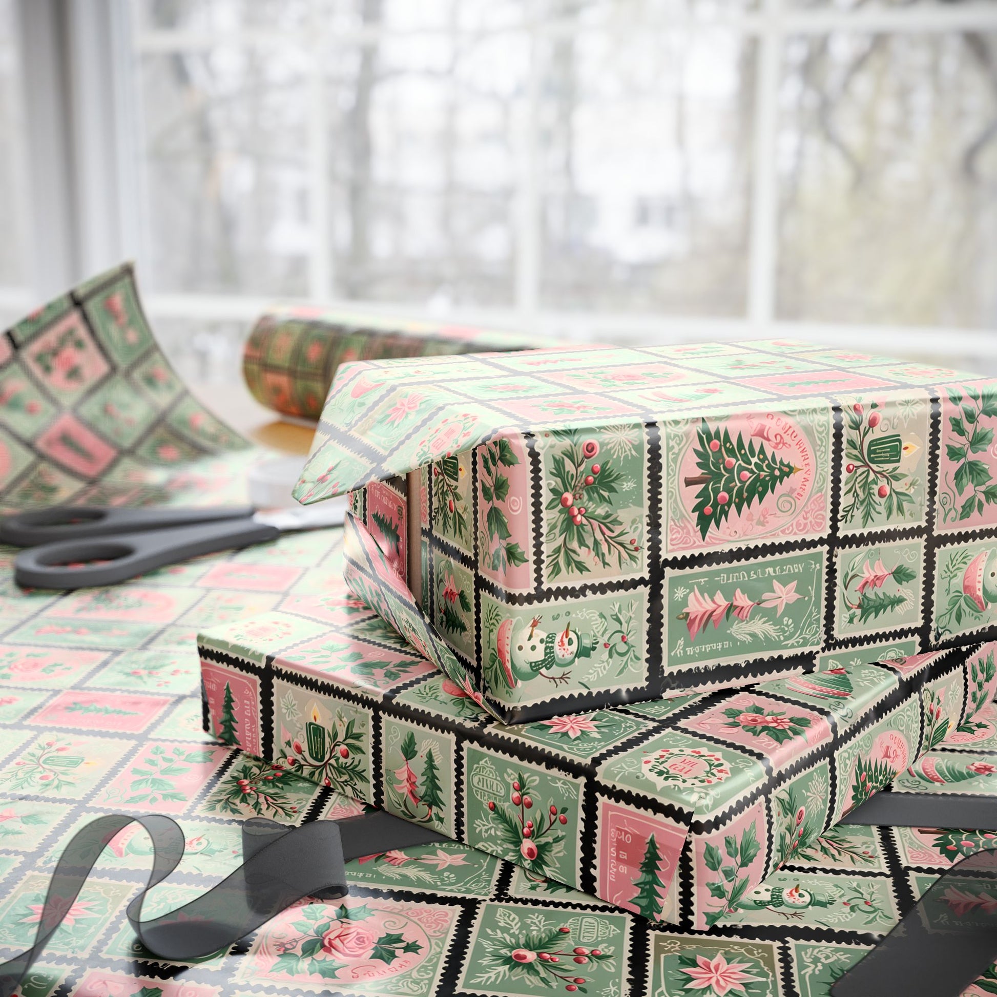 Mint to Be – Retro Holiday Stamp Wrapping Paper