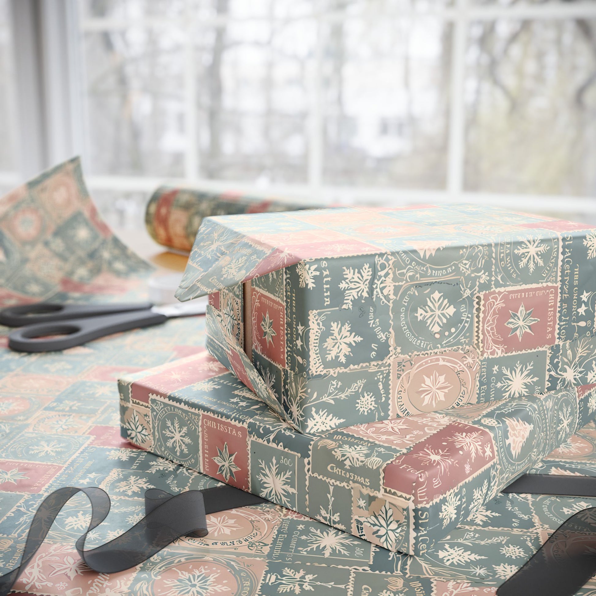 Merry Mail – Vintage Holiday Stamp Wrapping Paper