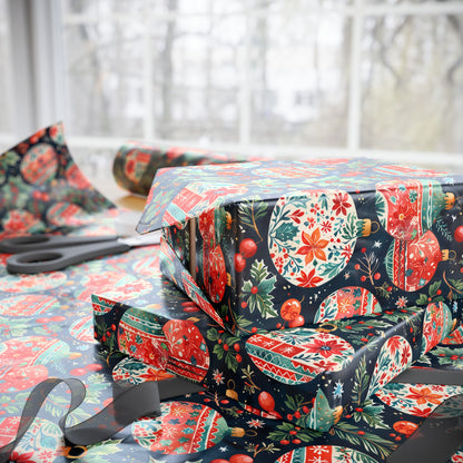 Twinkle Tinsel & Midnight Mistletoe – Folk Art Ornament Wrapping Paper