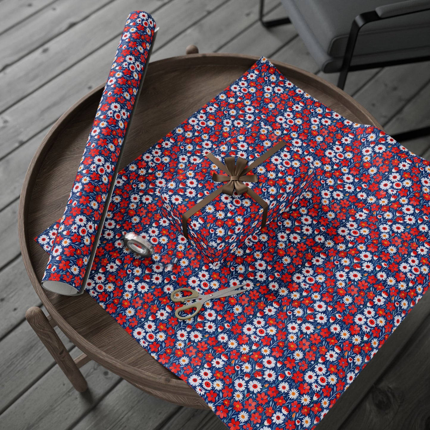 Vibrant Red, Blue and White Floral Wrapping Paper