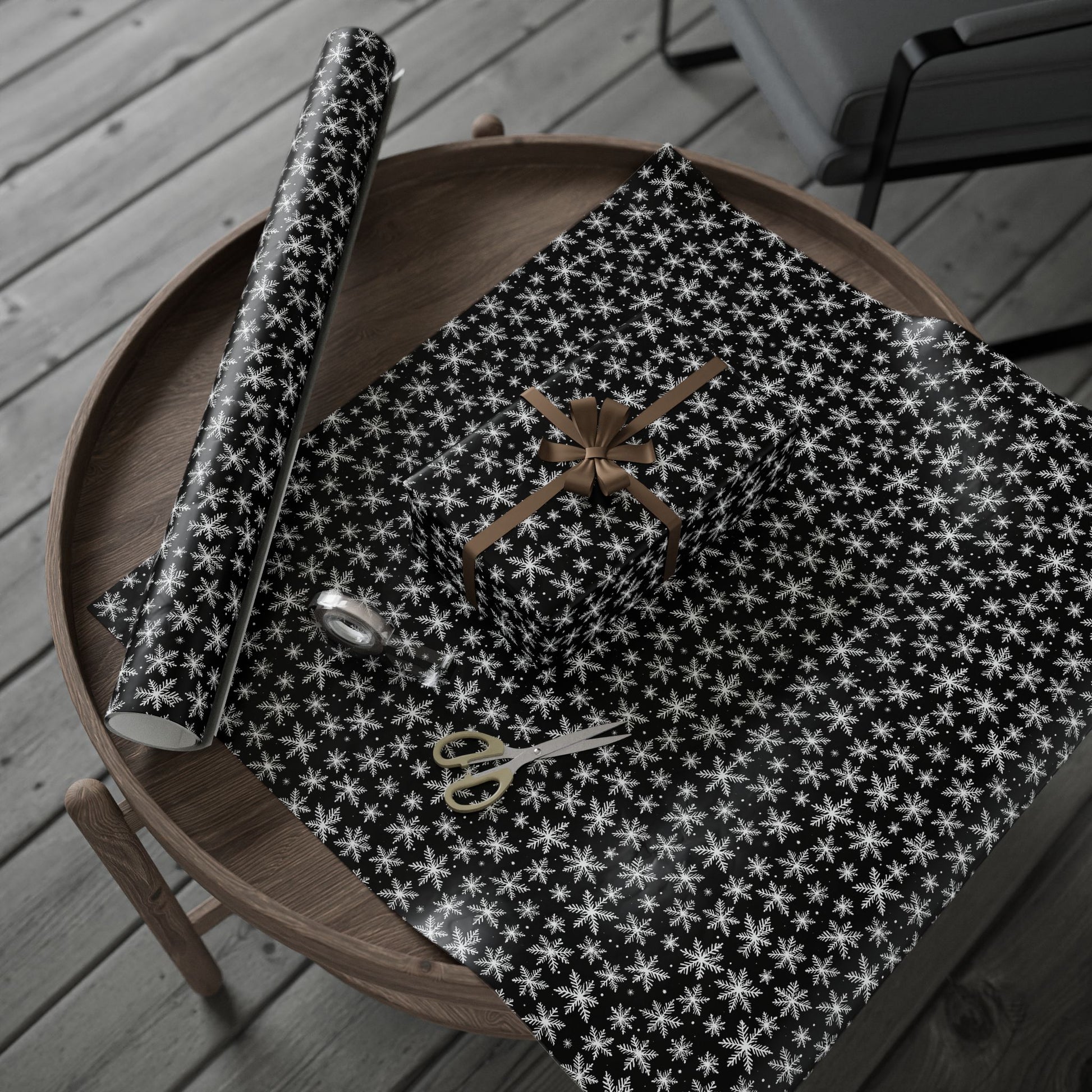 Midnight Flurries – Black & White Snowflake Wrapping Paper