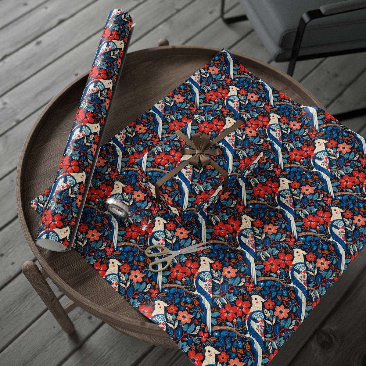 Red and Blue Parrot Floral Gift Wrap Paper