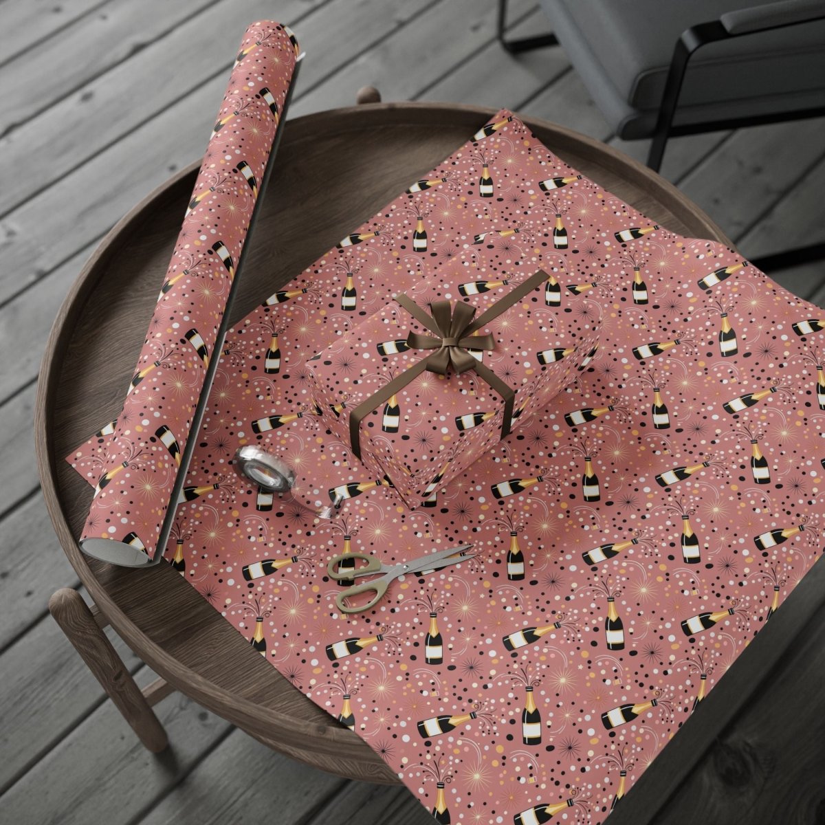 Cork Pops & Confetti Drops – Champagne Celebration Wrapping Paper