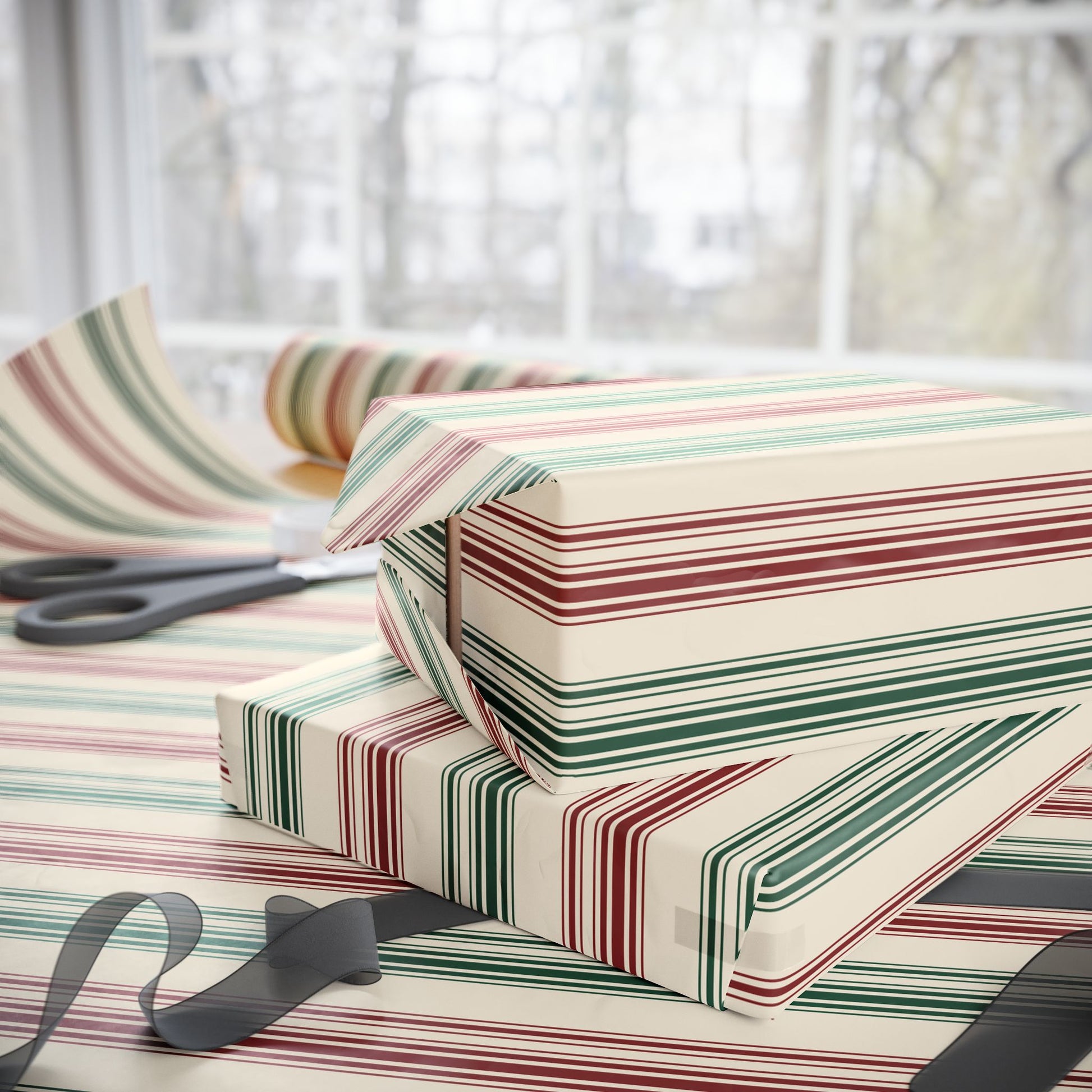 Festive Red & Green Striped Wrapping Paper