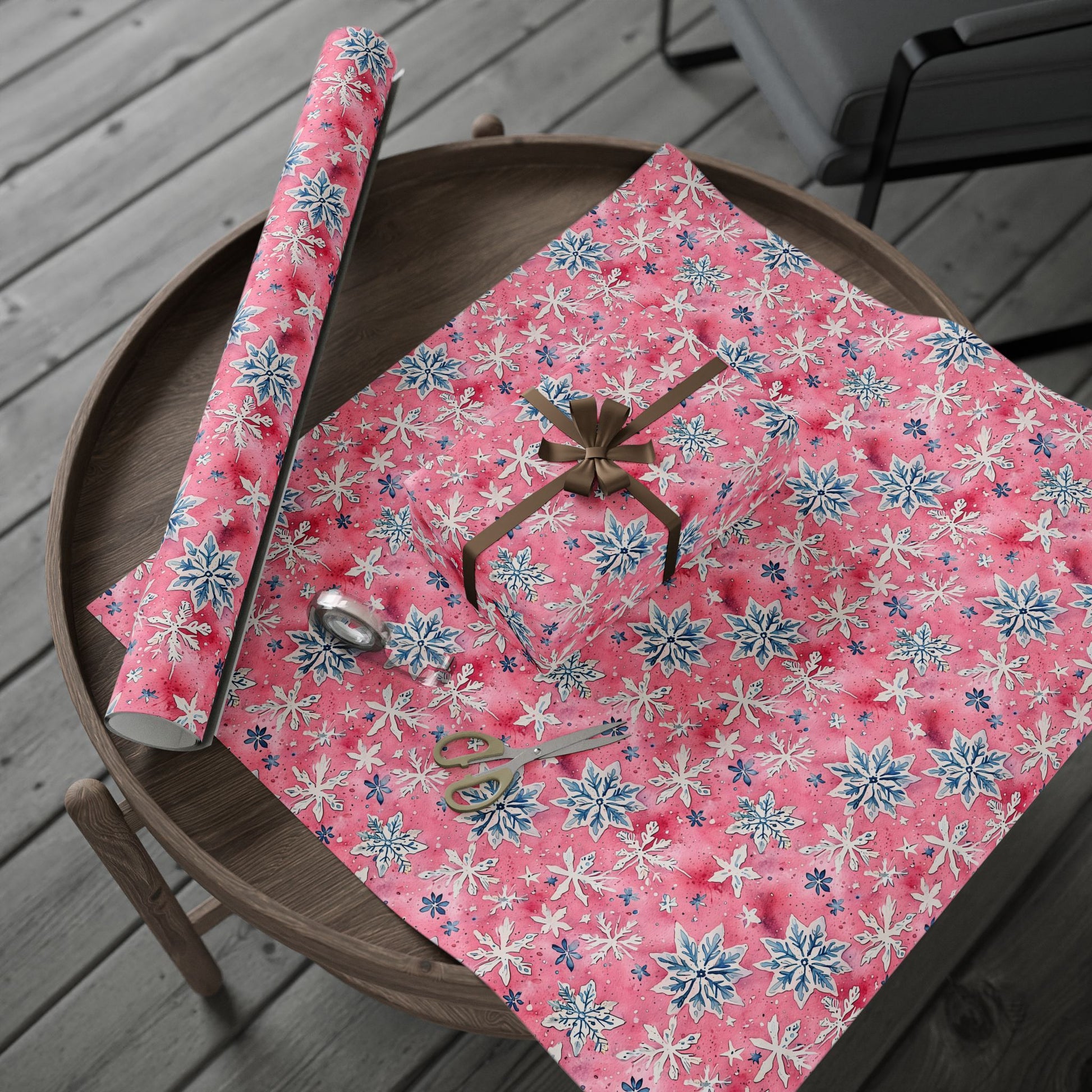 Frosted Flurries & Blush Whirlwinds – Pink Snowflake Wrapping Paper