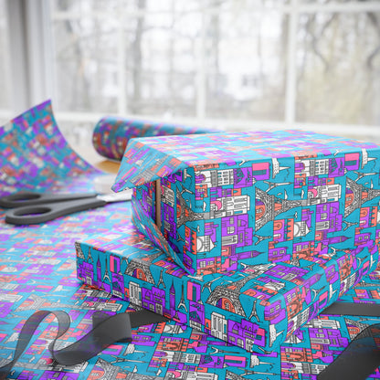 Wrapping Papers - Colorful Blue & Purple Abstract Cityscape