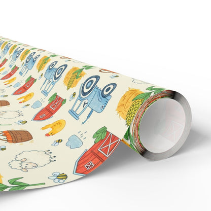 Little Red Barn & Tractor Charm – Whimsical Farm Wrapping Paper