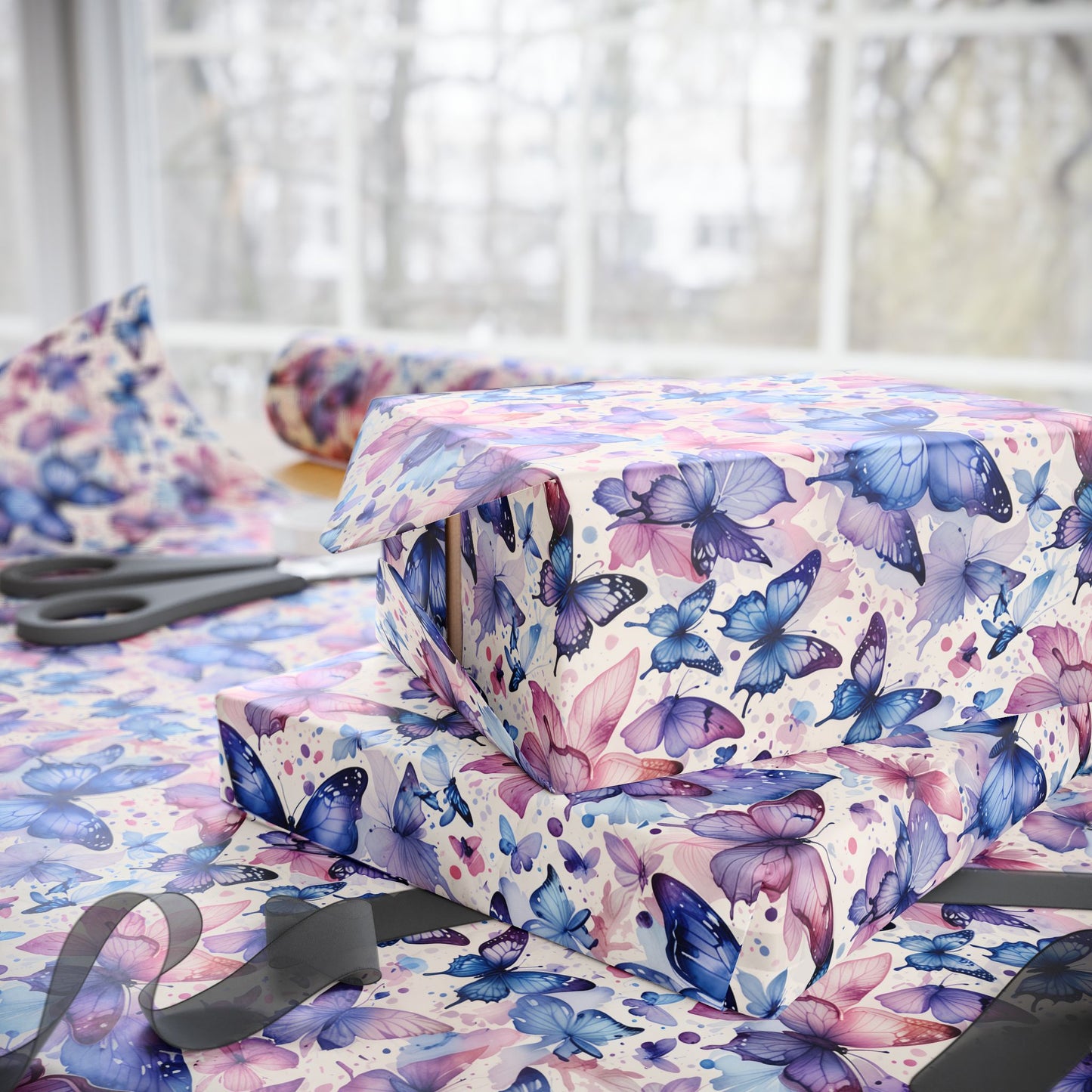 Flutter Fancy – Watercolor Butterfly Wrapping Paper in Blue & Blush