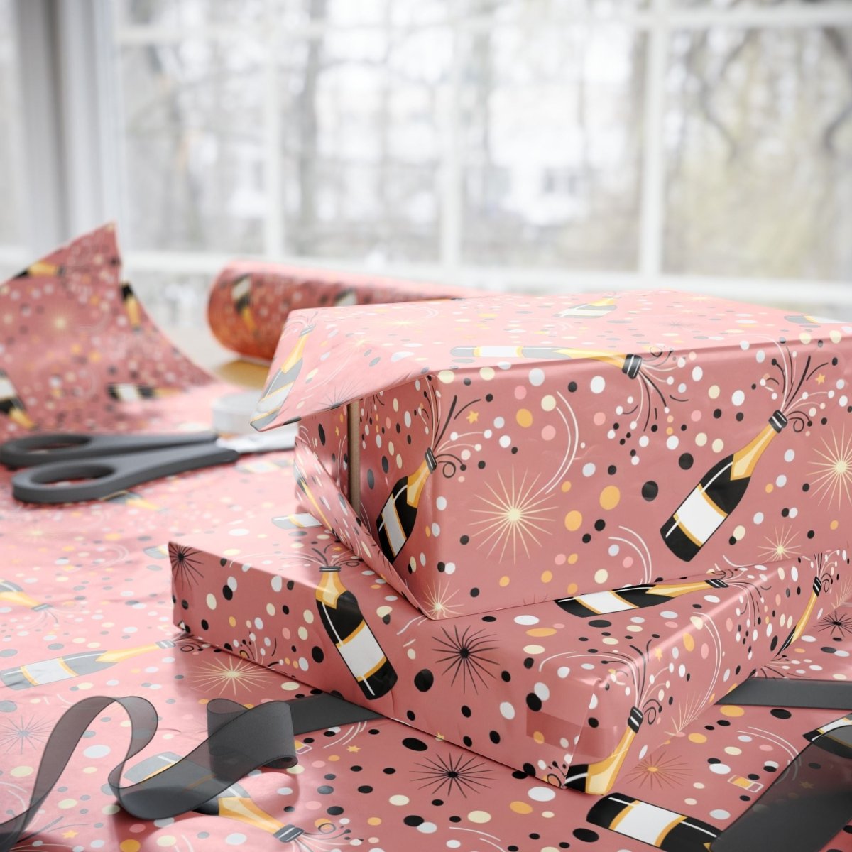 Cork Pops & Confetti Drops – Champagne Celebration Wrapping Paper