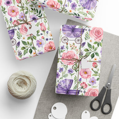 Baby Shower Gift Wrap with Floral and Baby Carriage Design
