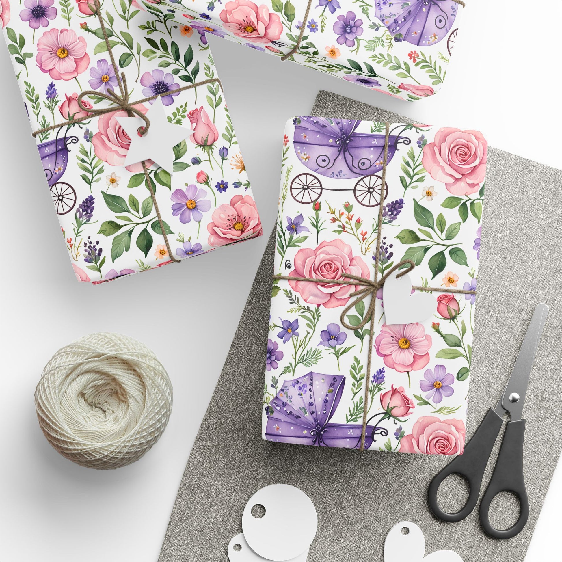 Baby Shower Gift Wrap with Floral and Baby Carriage Design