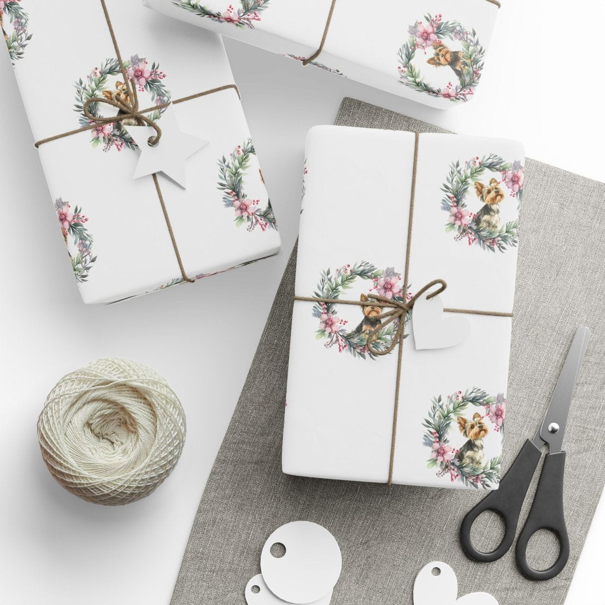 Paw - liday Wreaths & Wags – Yorkie Christmas Wrapping Paper
