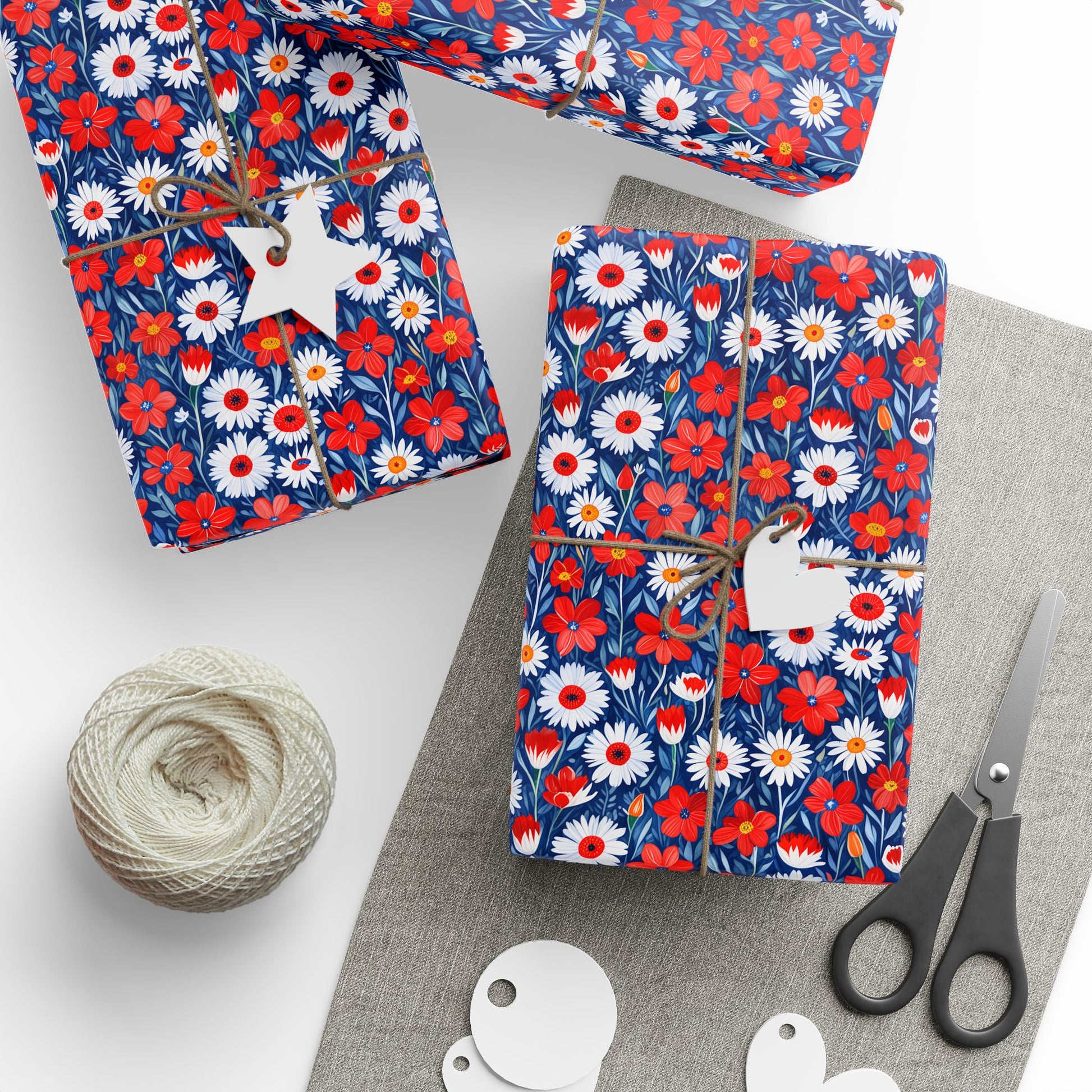 Vibrant Red, Blue and White Floral Wrapping Paper