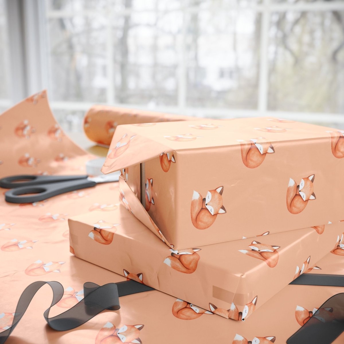 Cute Orange Fox on Orange Background Gift Wrap