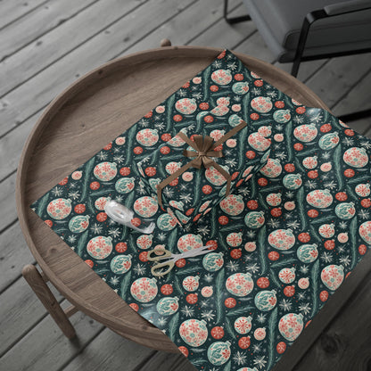 Frosted Evergreen – Retro Ornament & Pine Wrapping Paper