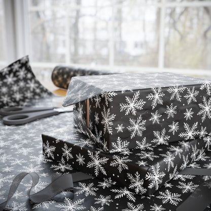 Midnight Flurries – Black & White Snowflake Wrapping Paper